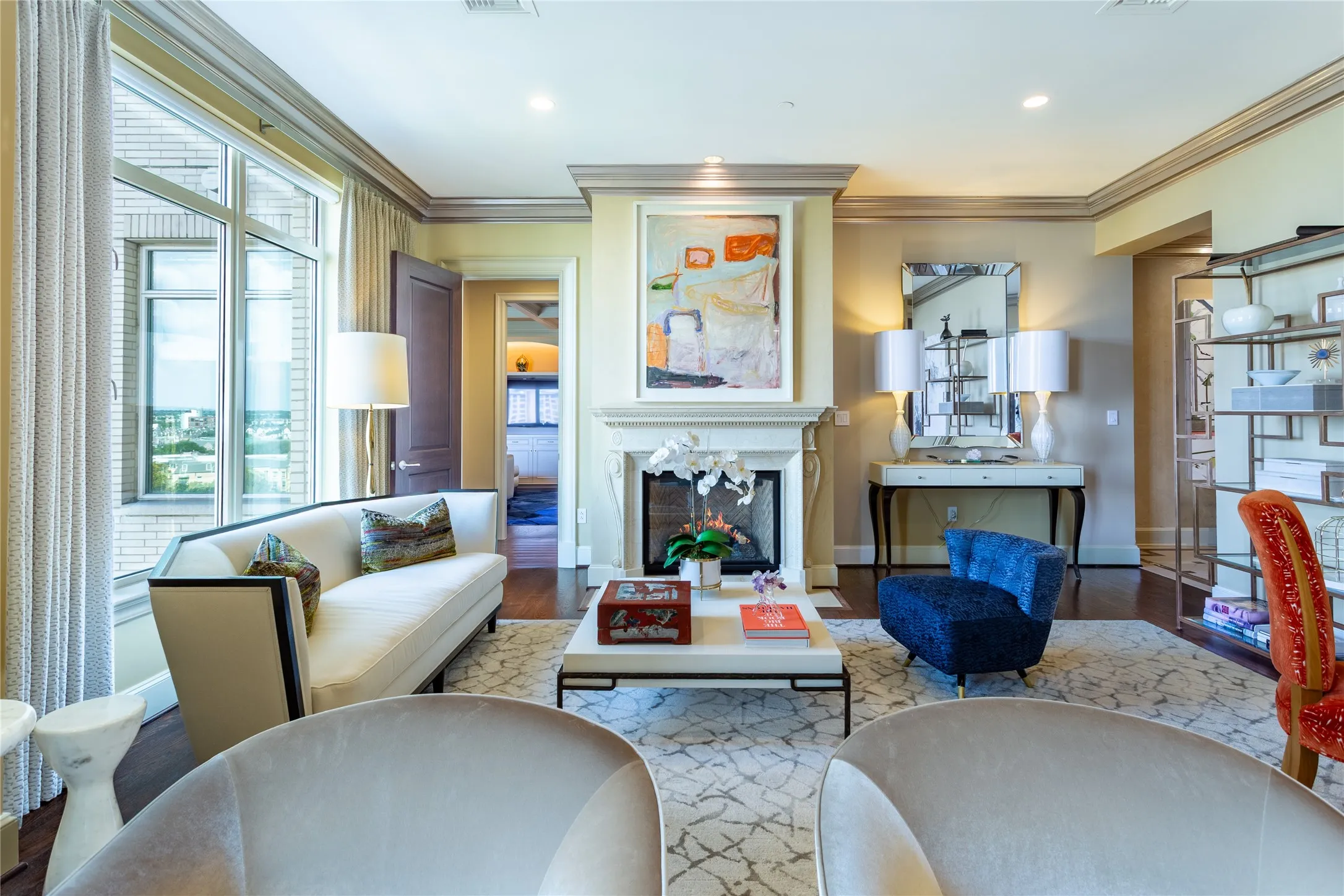 Marble Fireplace anchors one Living Area