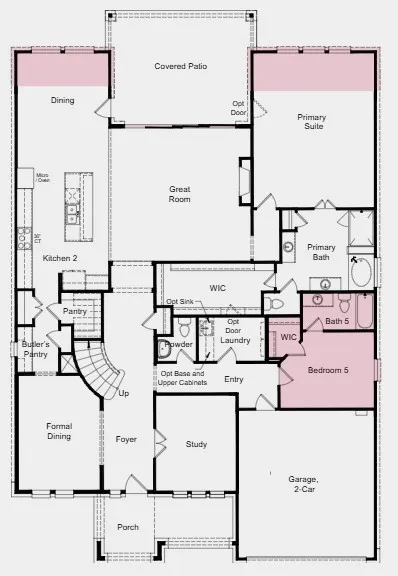 First Floor Plan - Additional Highlights Include: gourmet kitchen with range hood, gas drop for future outdoor grill, upgraded front door, and matte black plumbing and kitchen hardware