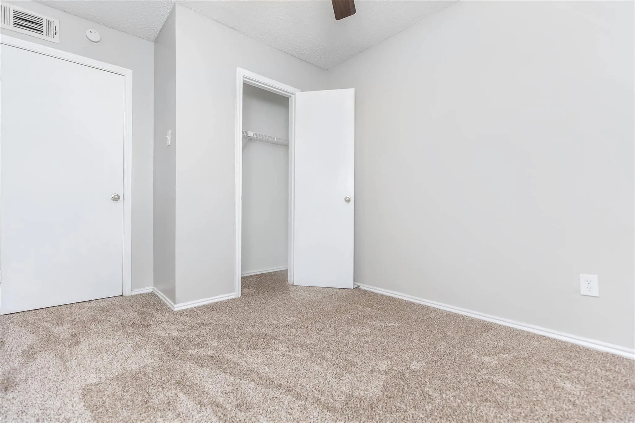 Plush carpet flooring, light neutral wall paint, white trim, and a ceiling fan