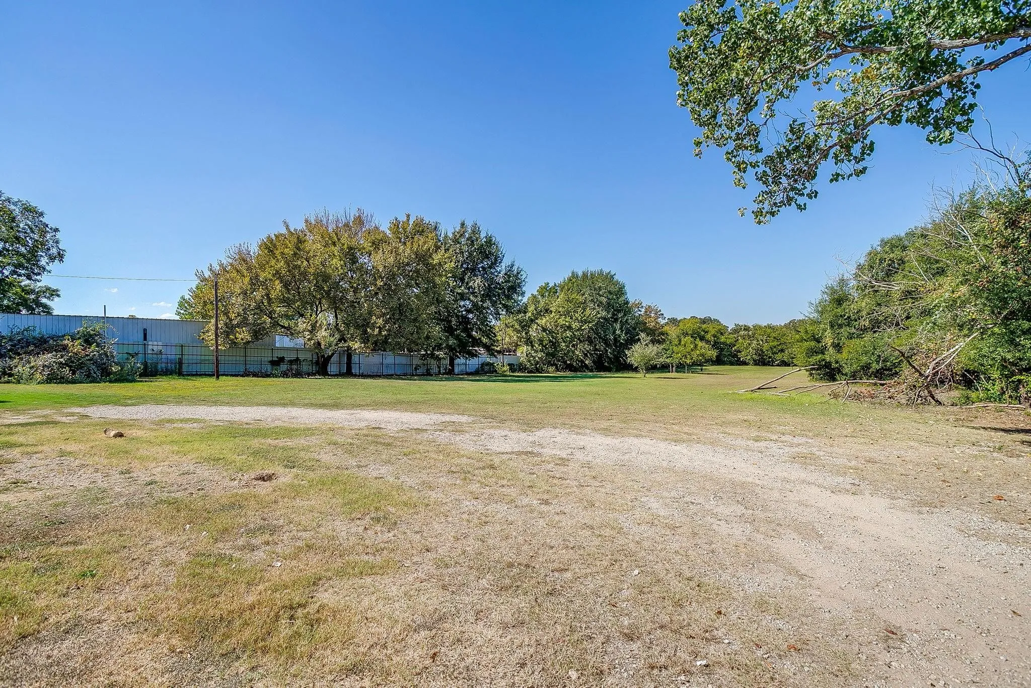 Expansive lot with mature trees and open clearings, offering ample ground space