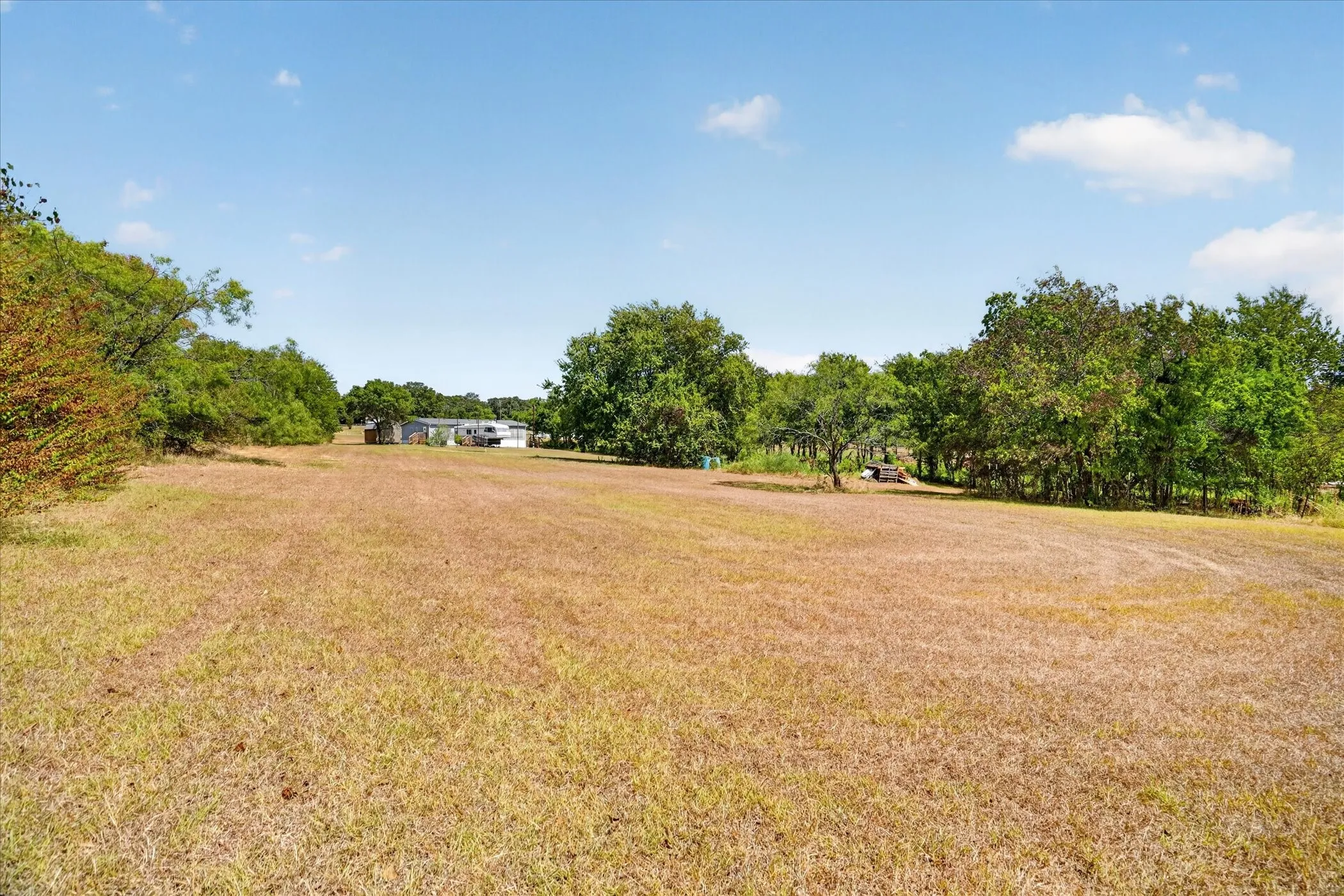 Expansive grassy field with mature trees bordering the property