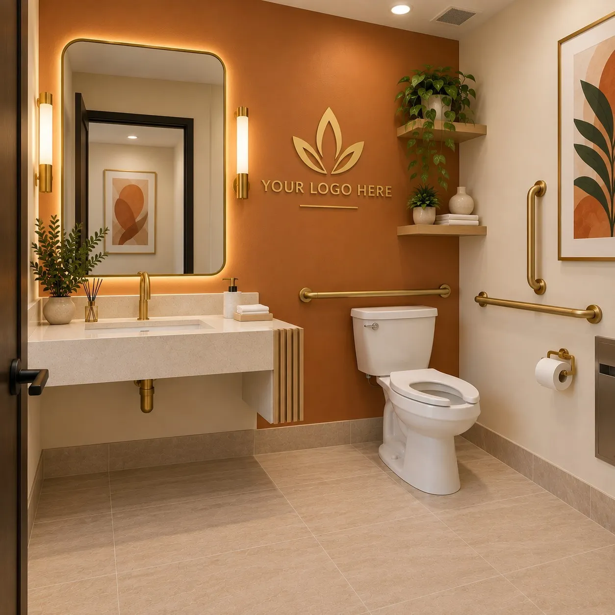 Floating vanity with an integrated sink and gold-finish faucet