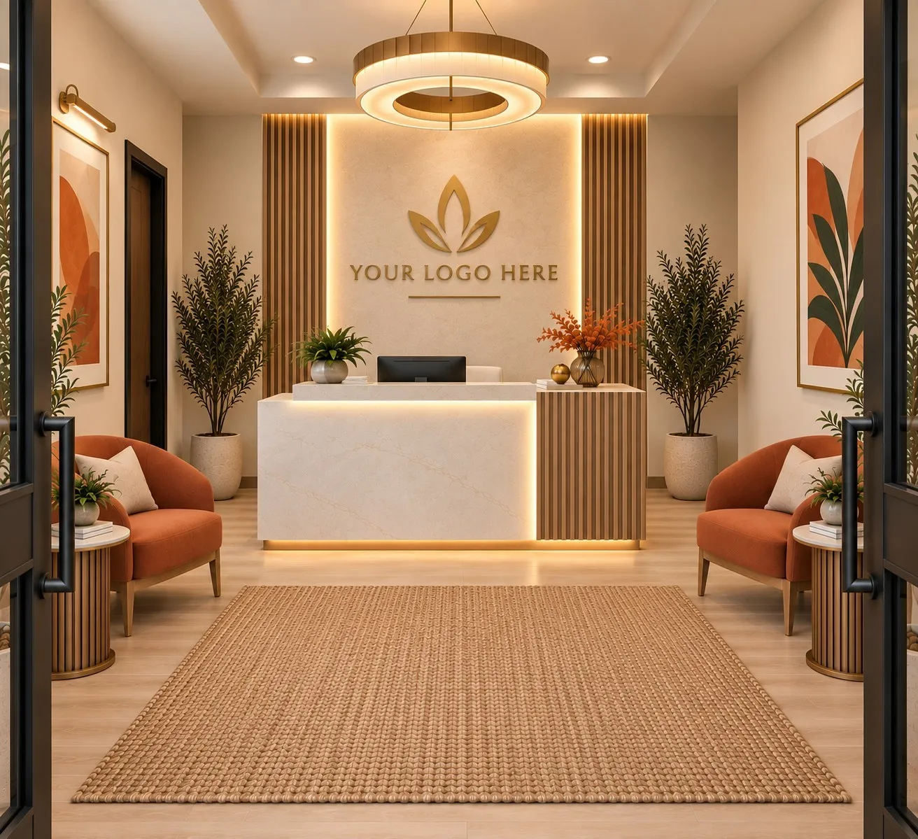 Recessed ceiling lighting, wood-finish flooring, accent wall paneling, and a contemporary circular chandelier