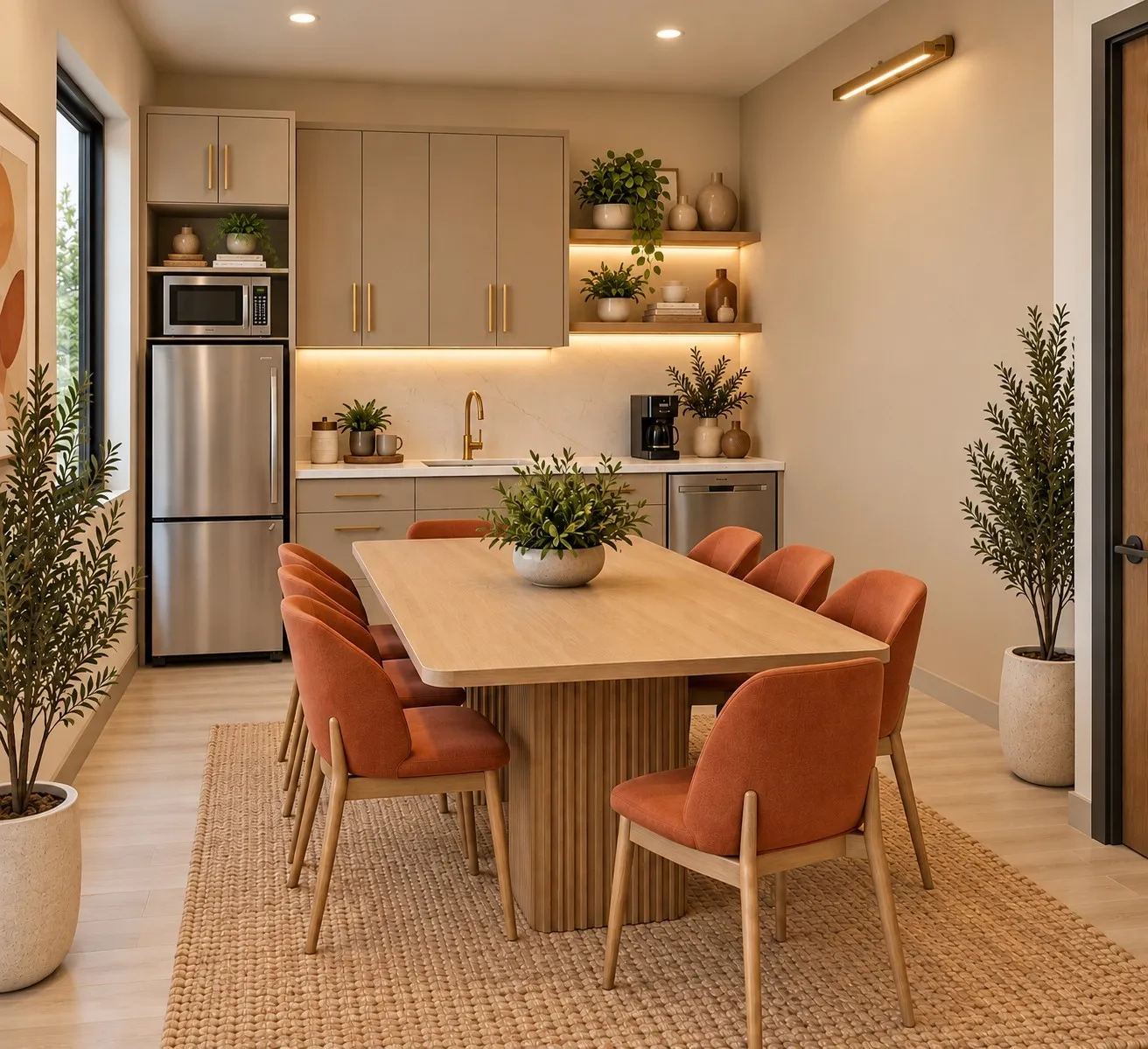 Integrated kitchen area featuring stainless steel appliances, under-cabinet lighting, and open shelving