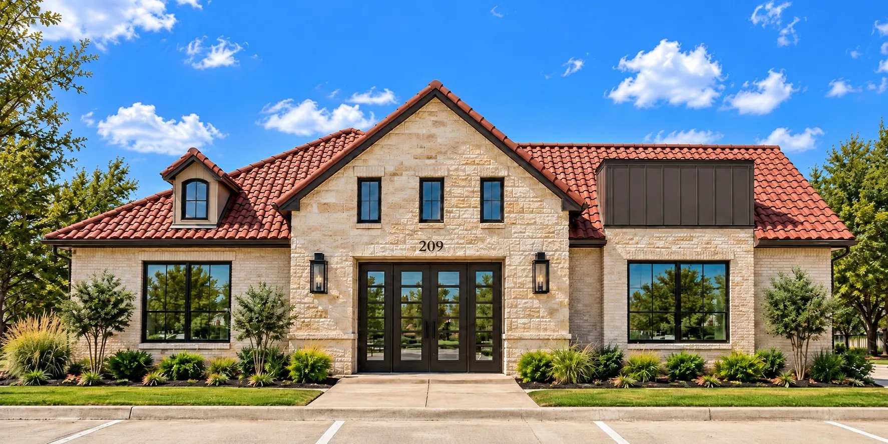 Stone exterior featuring a red tile roof, black frame windows, and double entry doors