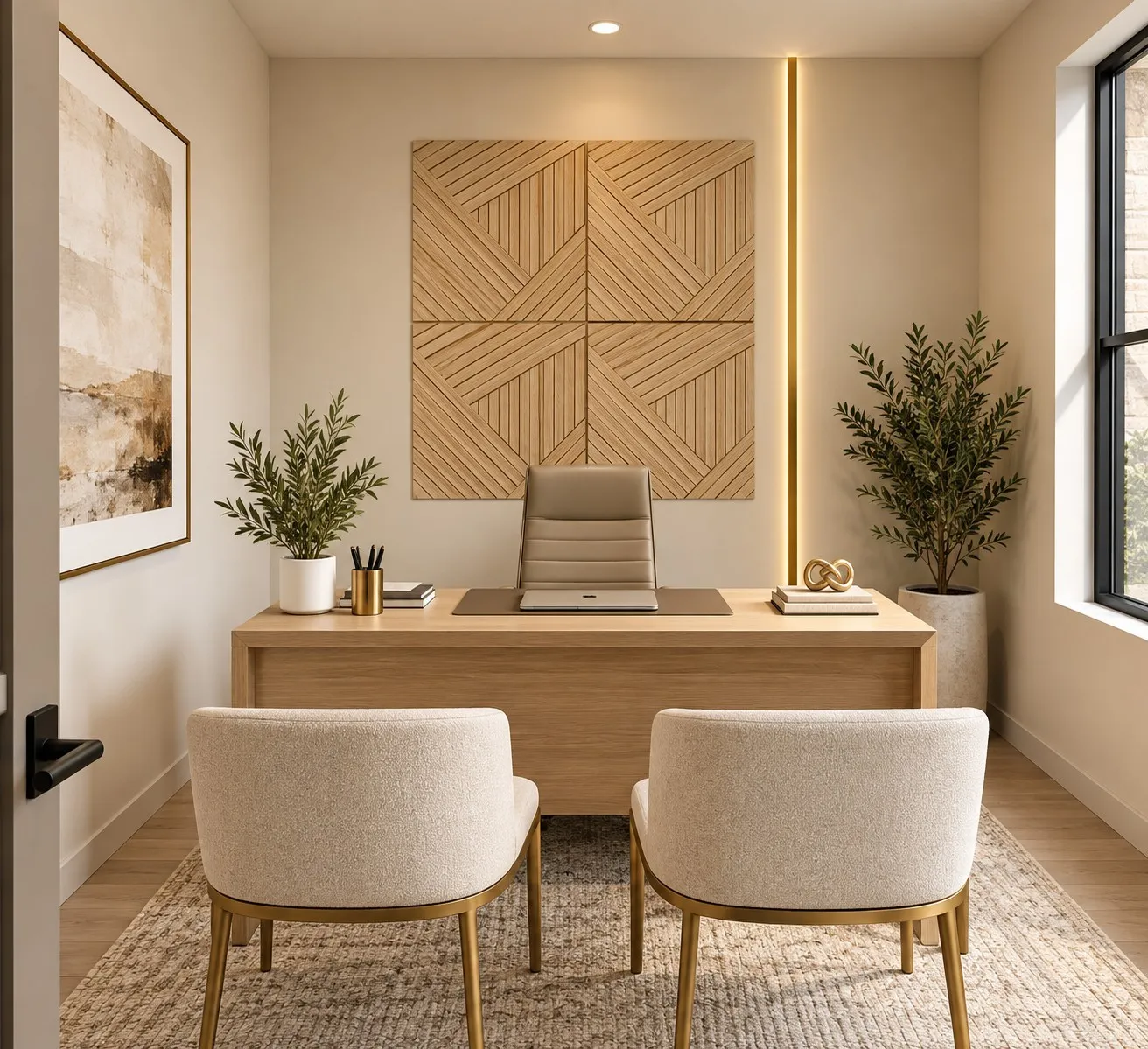 Wood-finish flooring, recessed ceiling lighting, a large window with black framing, and a decorative wood wall panel with integrated vertical lighting