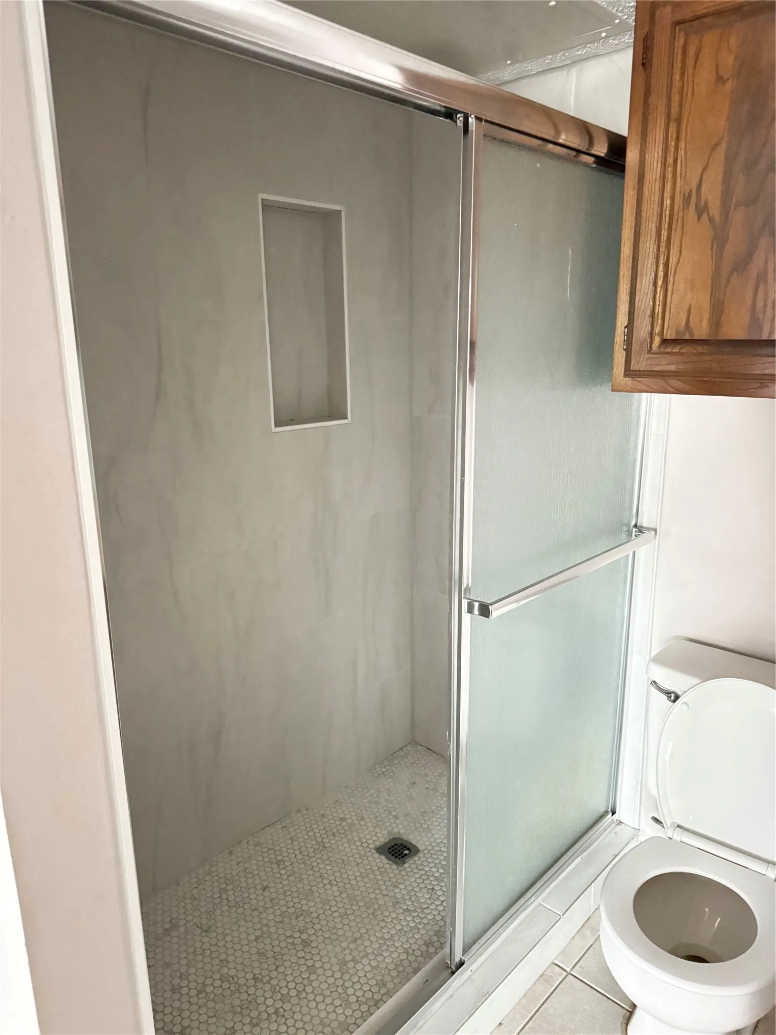 Shower enclosure with a built-in niche, sliding frosted glass door, and hexagonal tile flooring