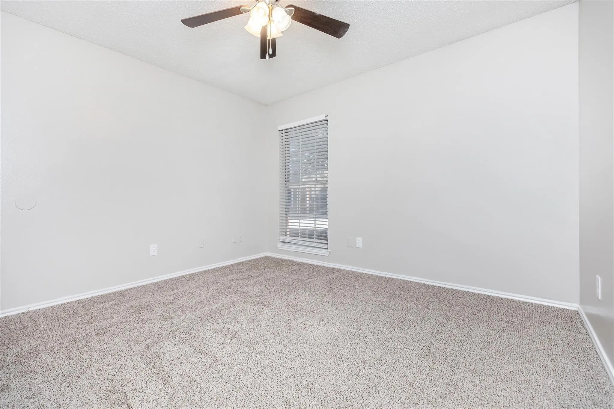Ceiling fan with integrated lighting, window with blinds, and neutral-toned carpeting