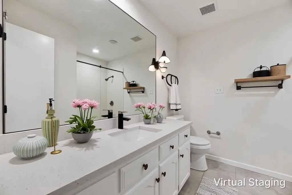 Spacious vanity with a white countertop and integrated sink, modern black faucet, large wall mirror, and a built-in toilet