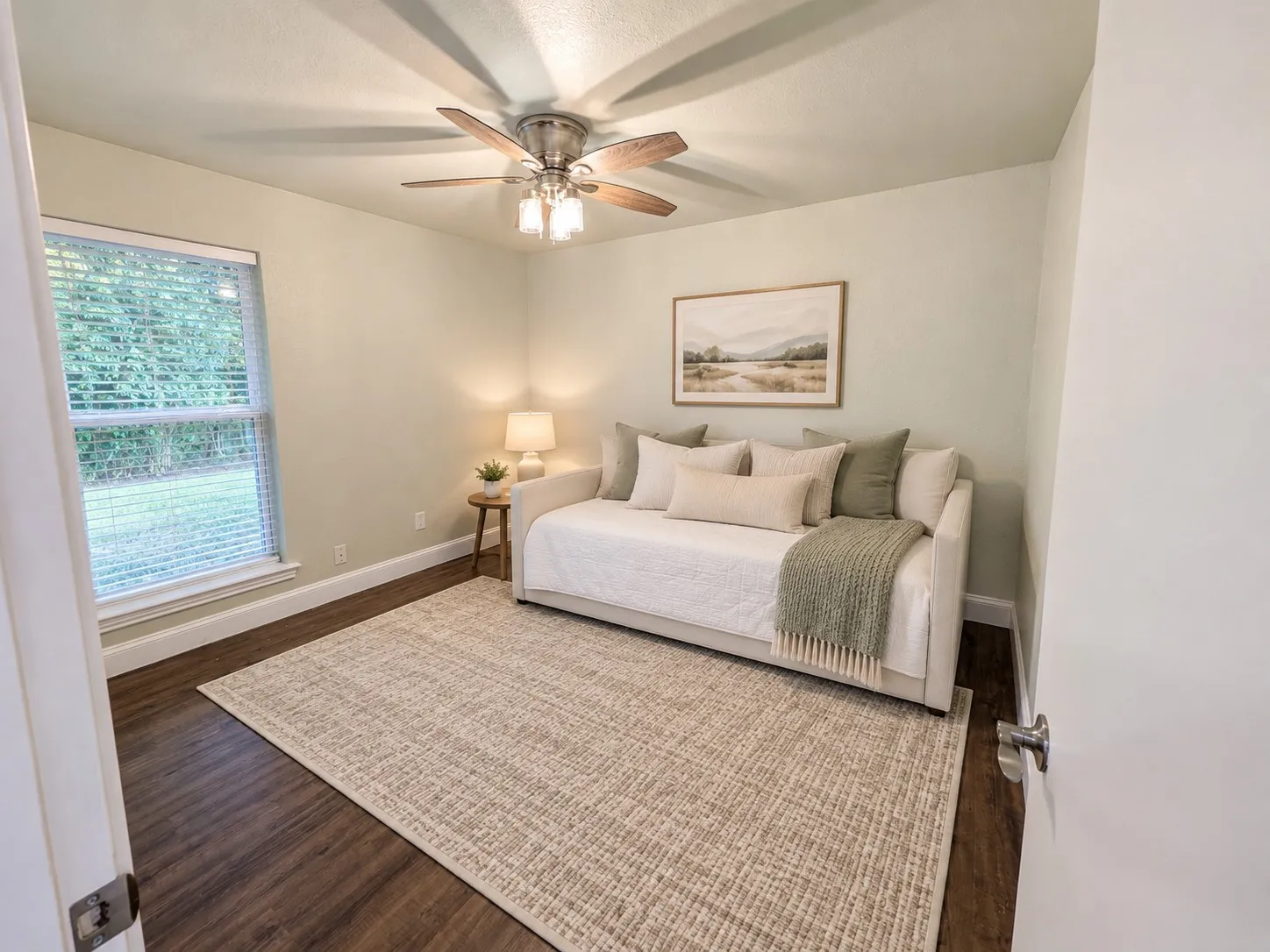 Wood-finish flooring with white trim