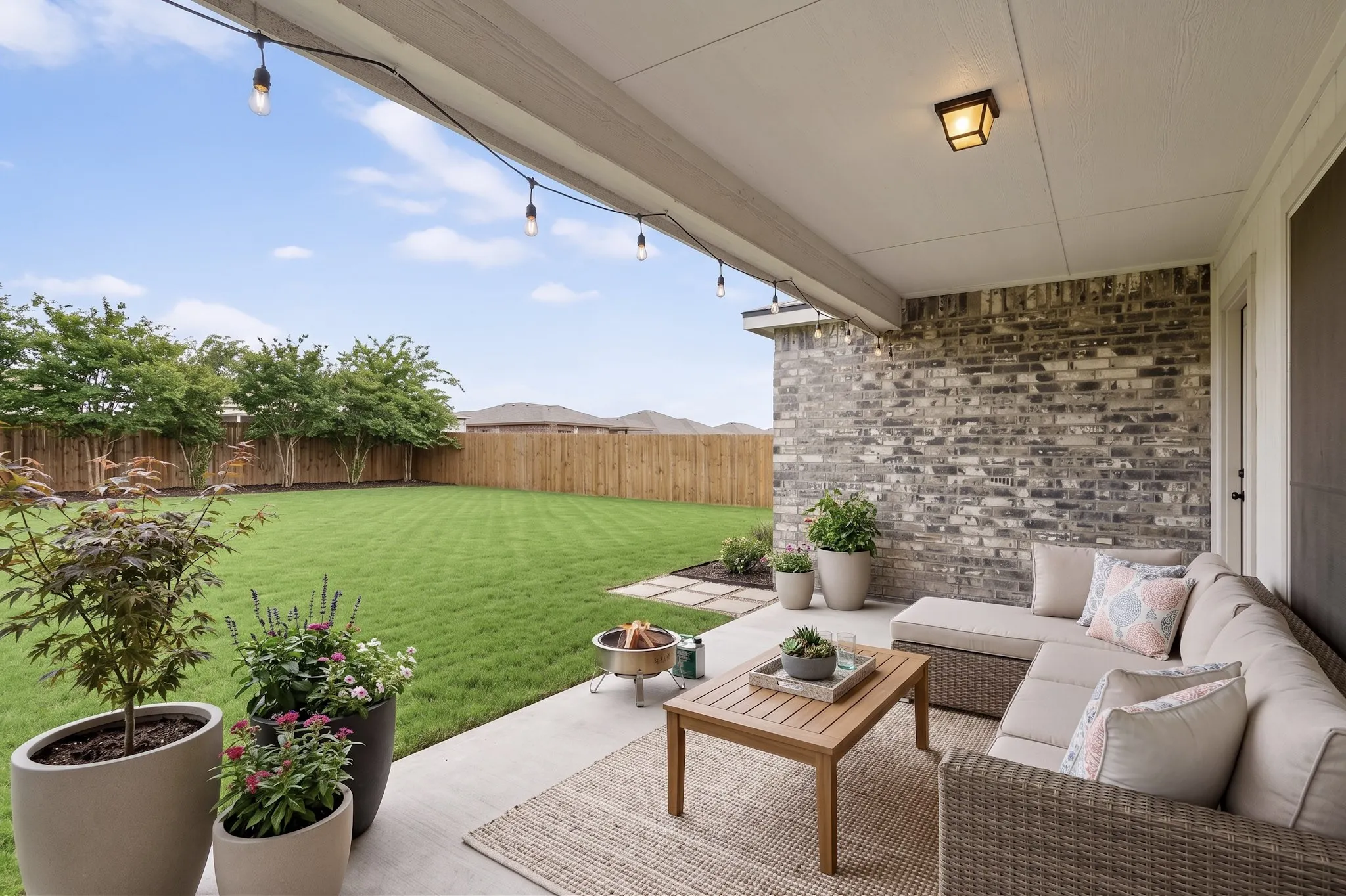 Covered patio with string lighting, gray brick exterior, concrete patio, and a spacious grass yard with a wood fence