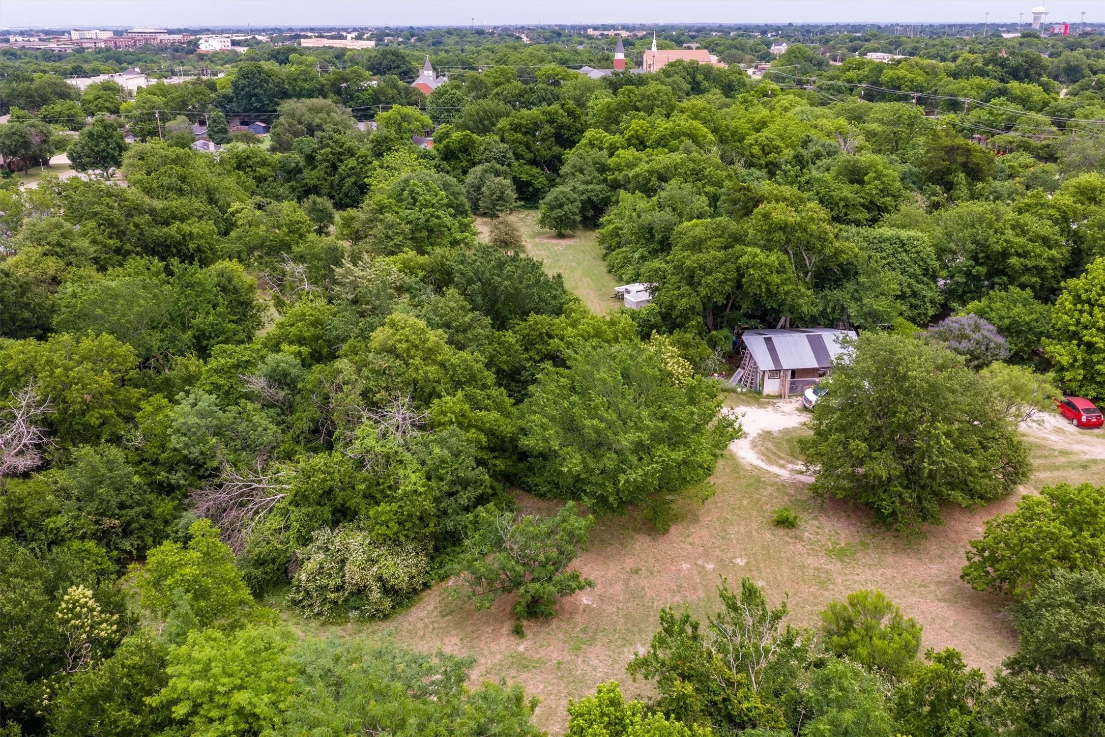 Wooded lot with a structure featuring a metal roof