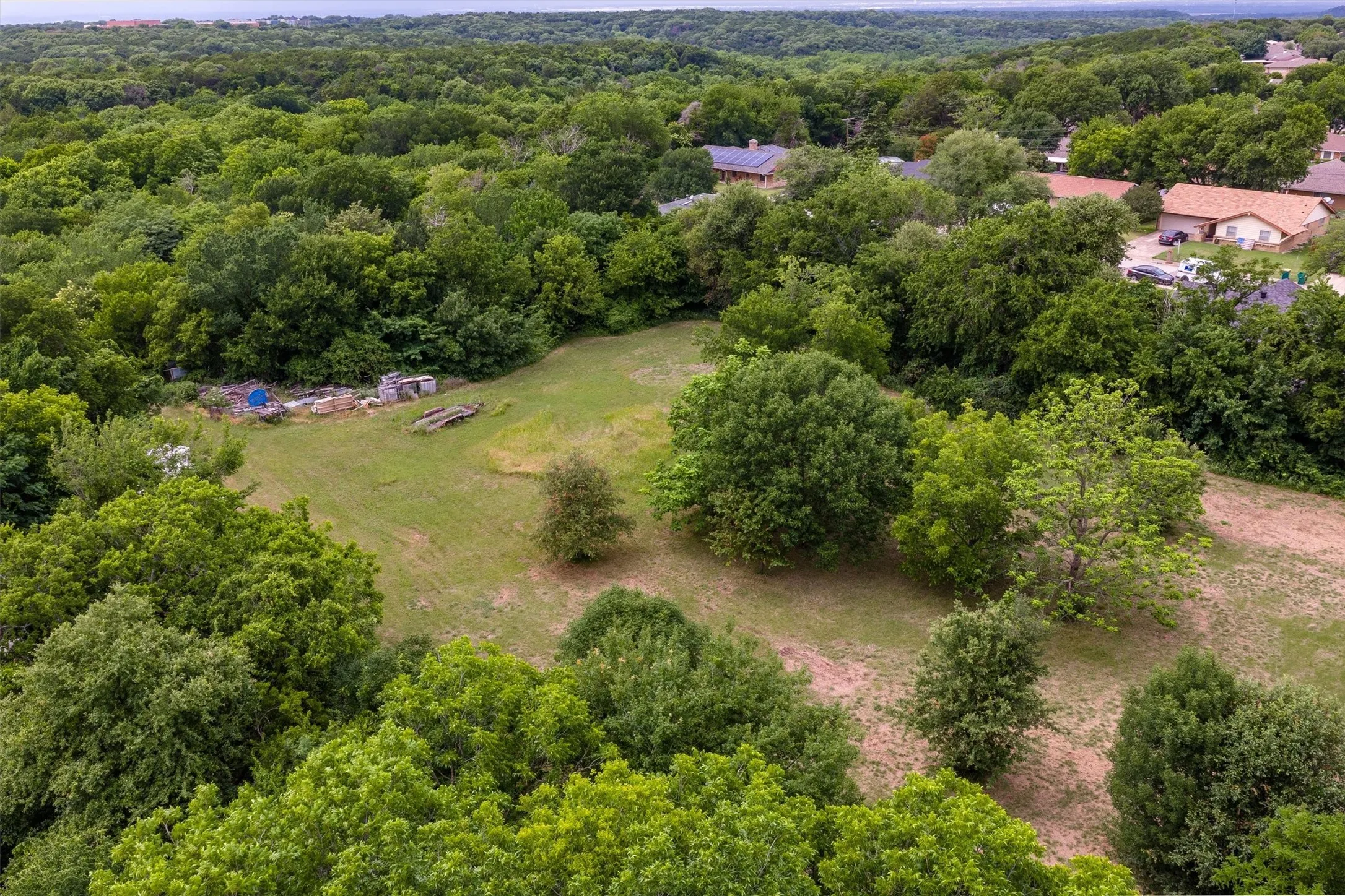 Expansive open land with varied mature trees