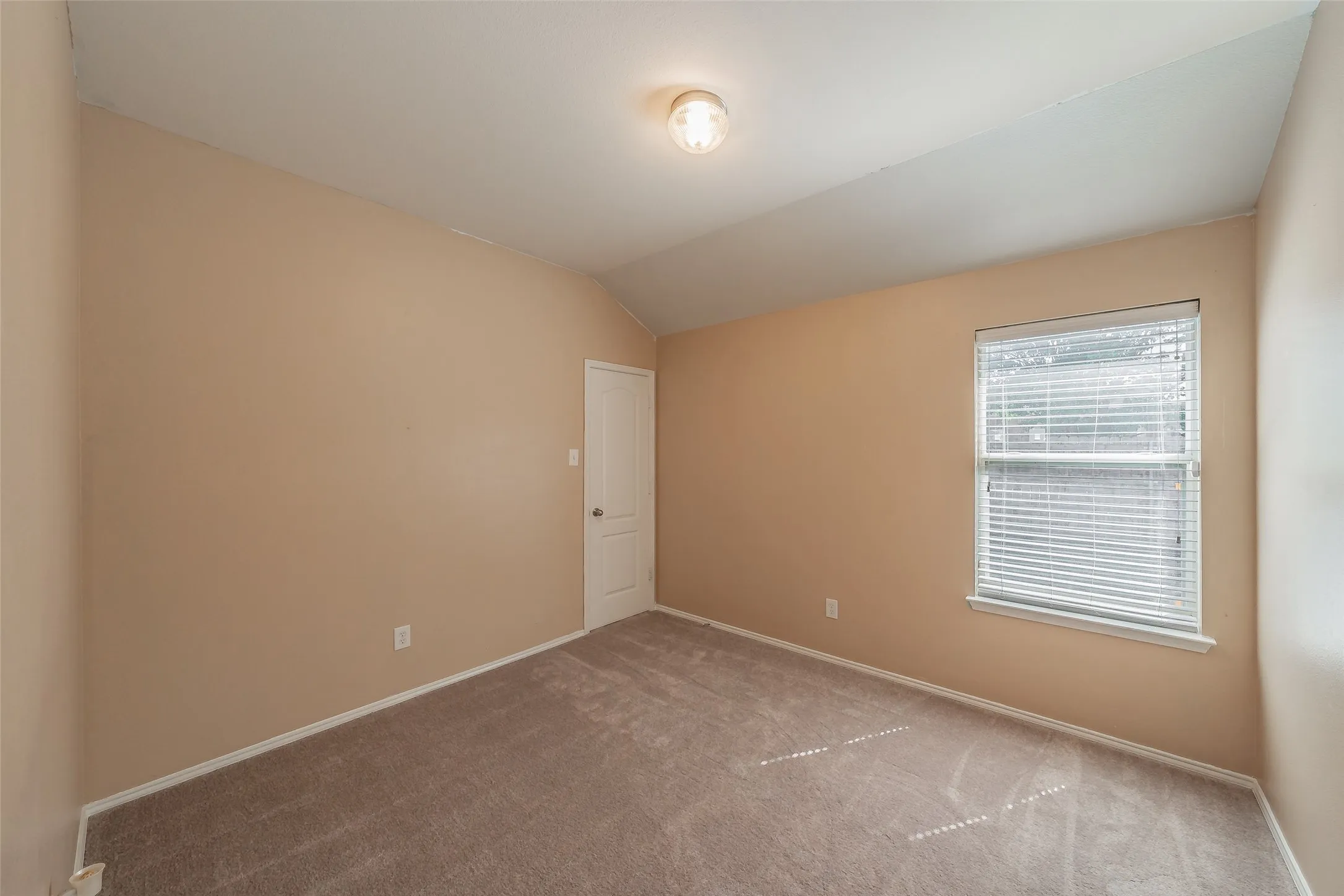 Carpeted room featuring a single window with blinds, a flat ceiling with a flush-mount light fixture, and a single door with a knob