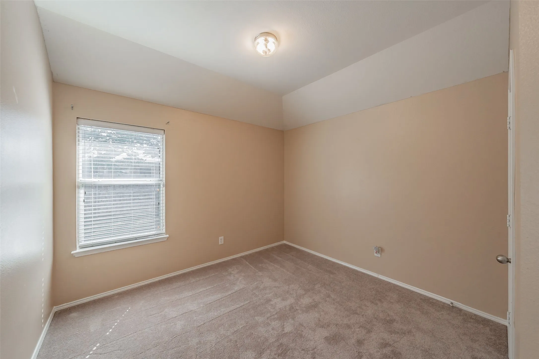 Neutral toned walls with carpeted flooring, a flush mount ceiling light fixture, and a window with blinds