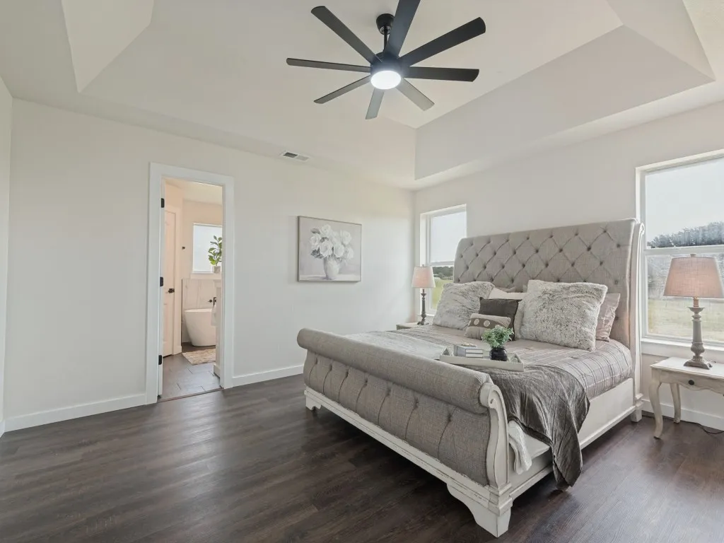 Tray ceiling with a modern ceiling fan