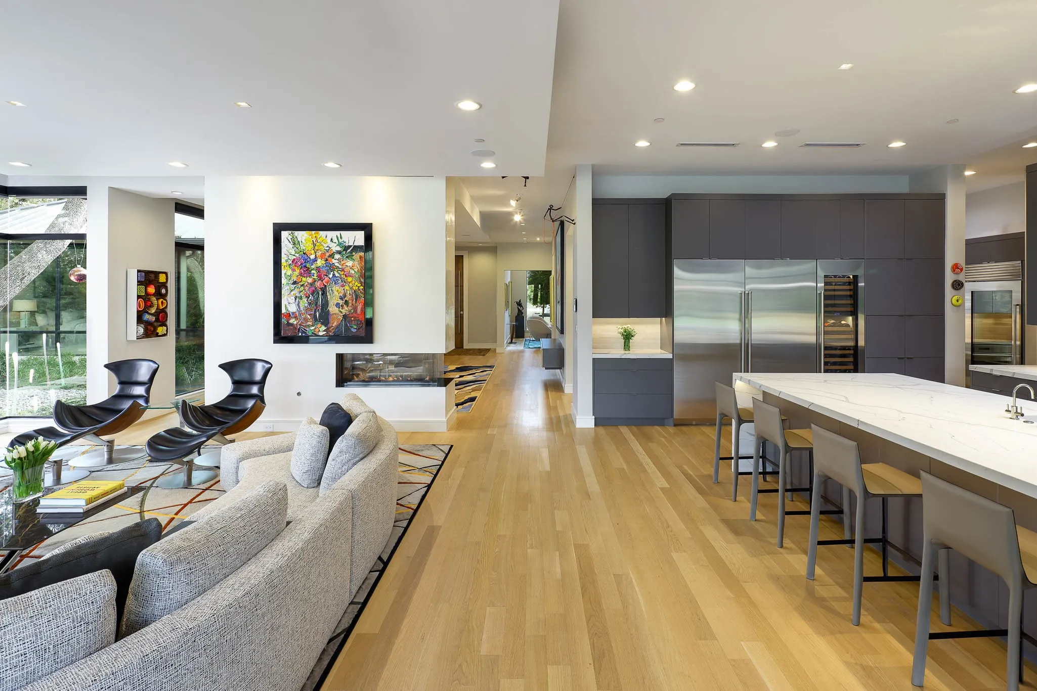 Family room with adjacent gourmet kitchen