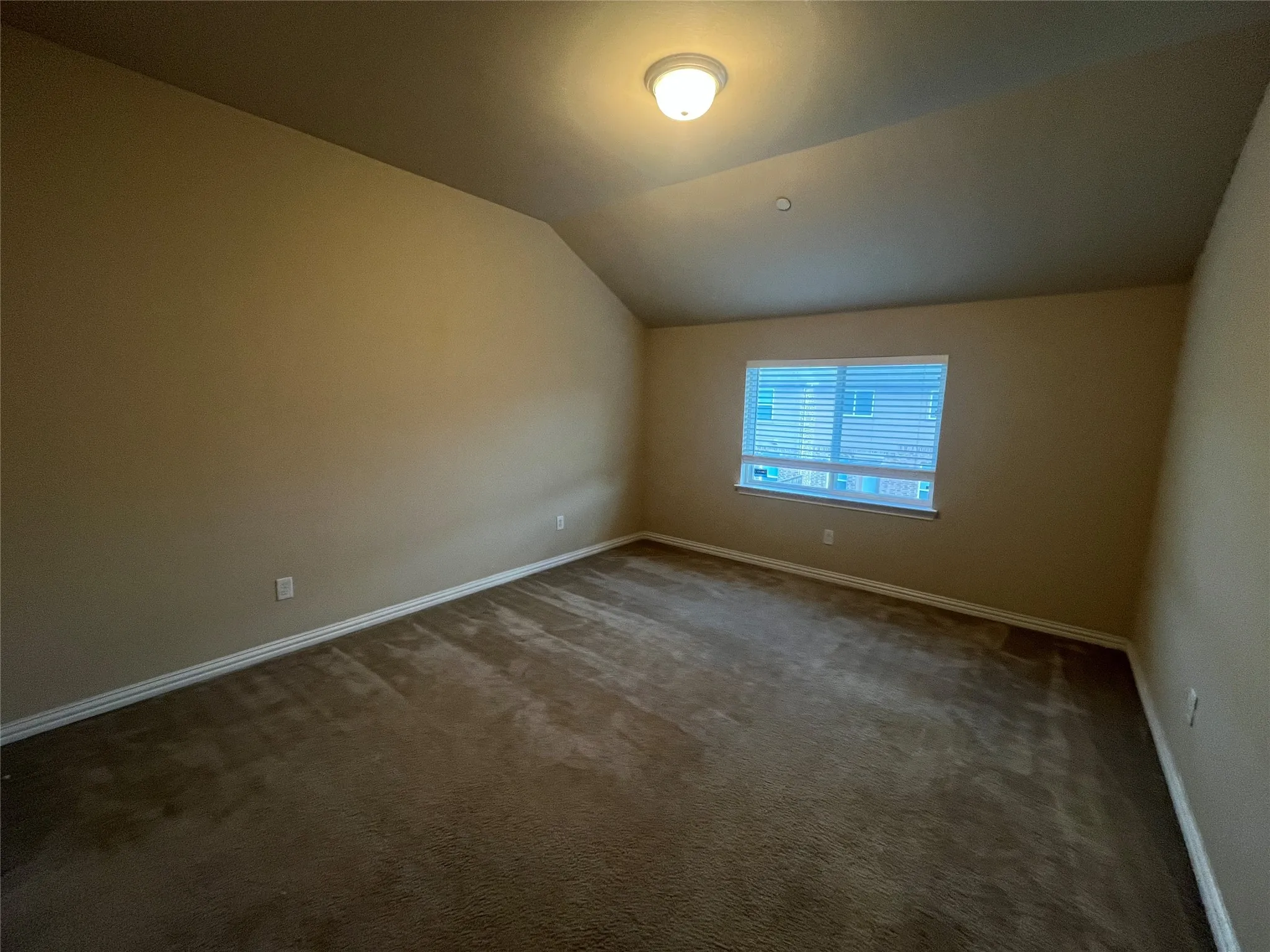 Carpeted flooring, vaulted ceiling, single window with blinds, overhead flush mount lighting, and neutral wall paint