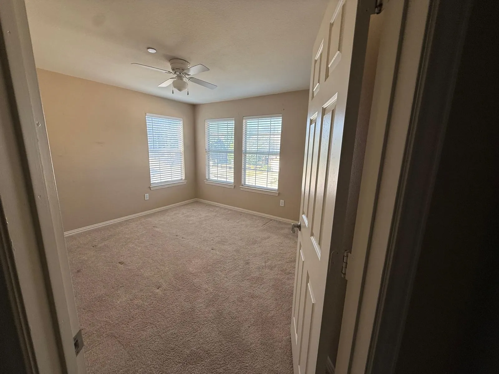 Carpeted room featuring a ceiling fan, three windows with blinds, and neutral painted walls