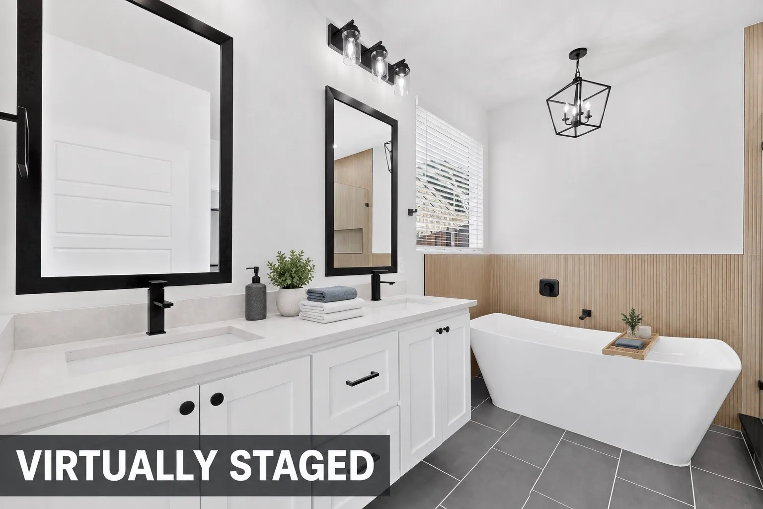 Dual vanity with integrated sinks and black matte fixtures