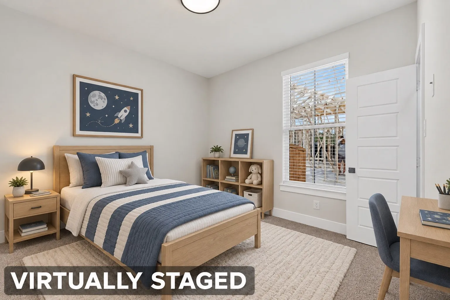 Recessed lighting, light-toned carpeting, panel door, window with blinds, and built-in shelving