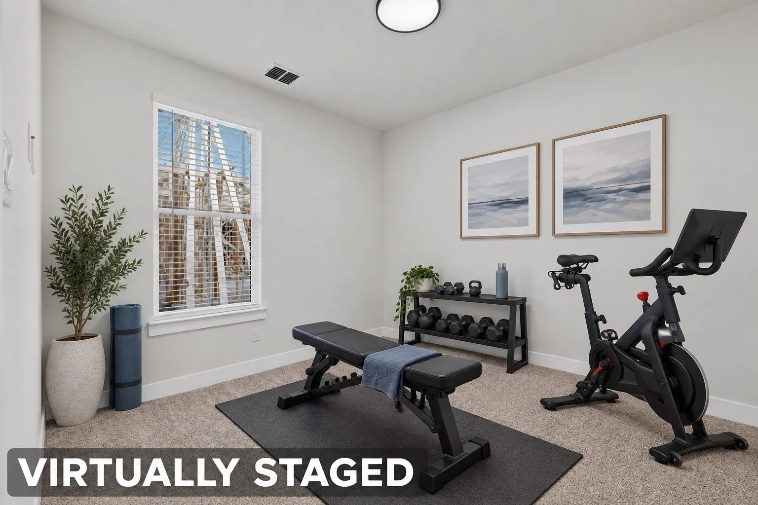 Bright room with carpeted flooring, a window with blinds, and a flush-mount ceiling light fixture