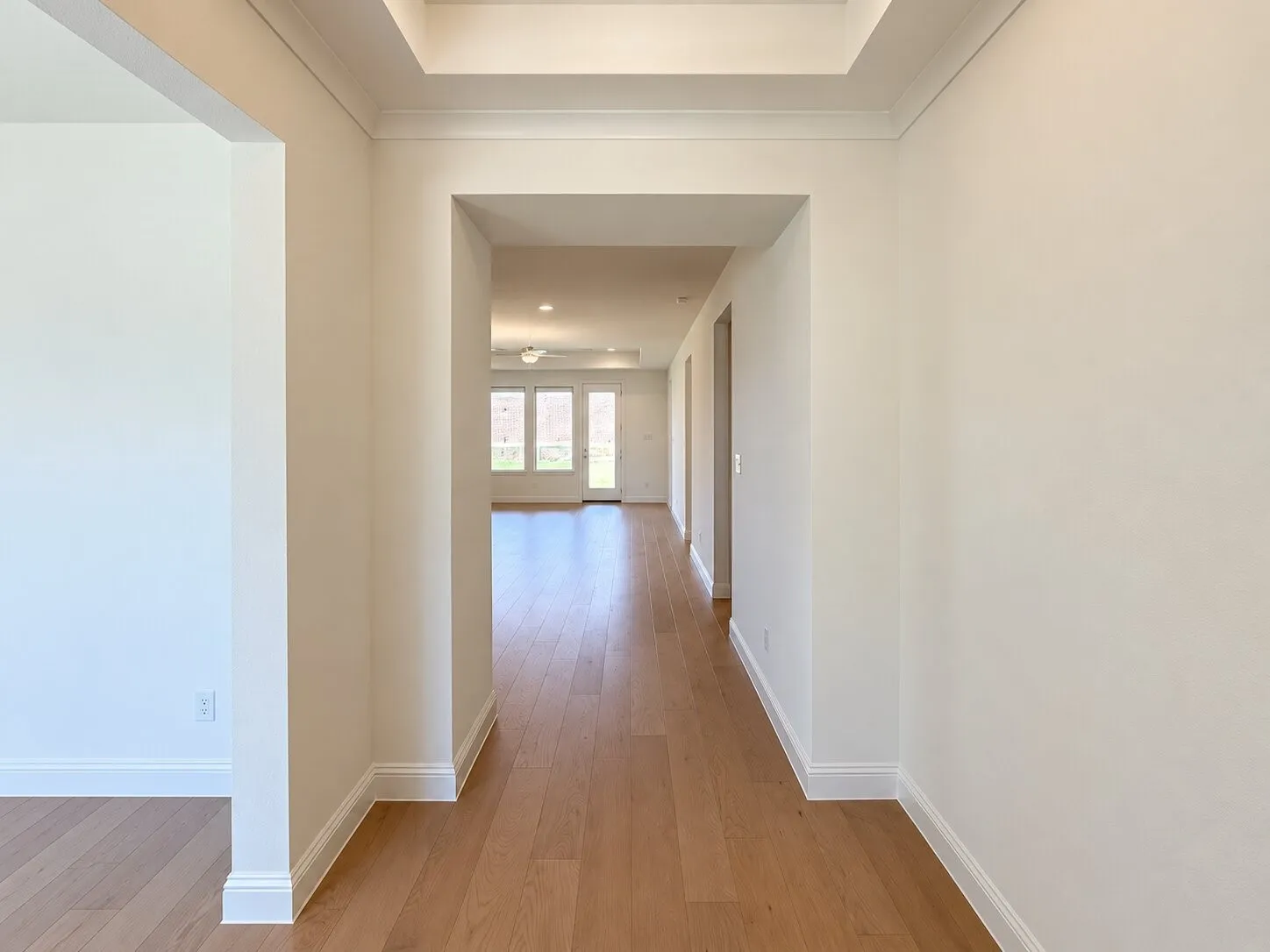 Recessed entry with tray ceiling, wood-finish flooring, and white trim