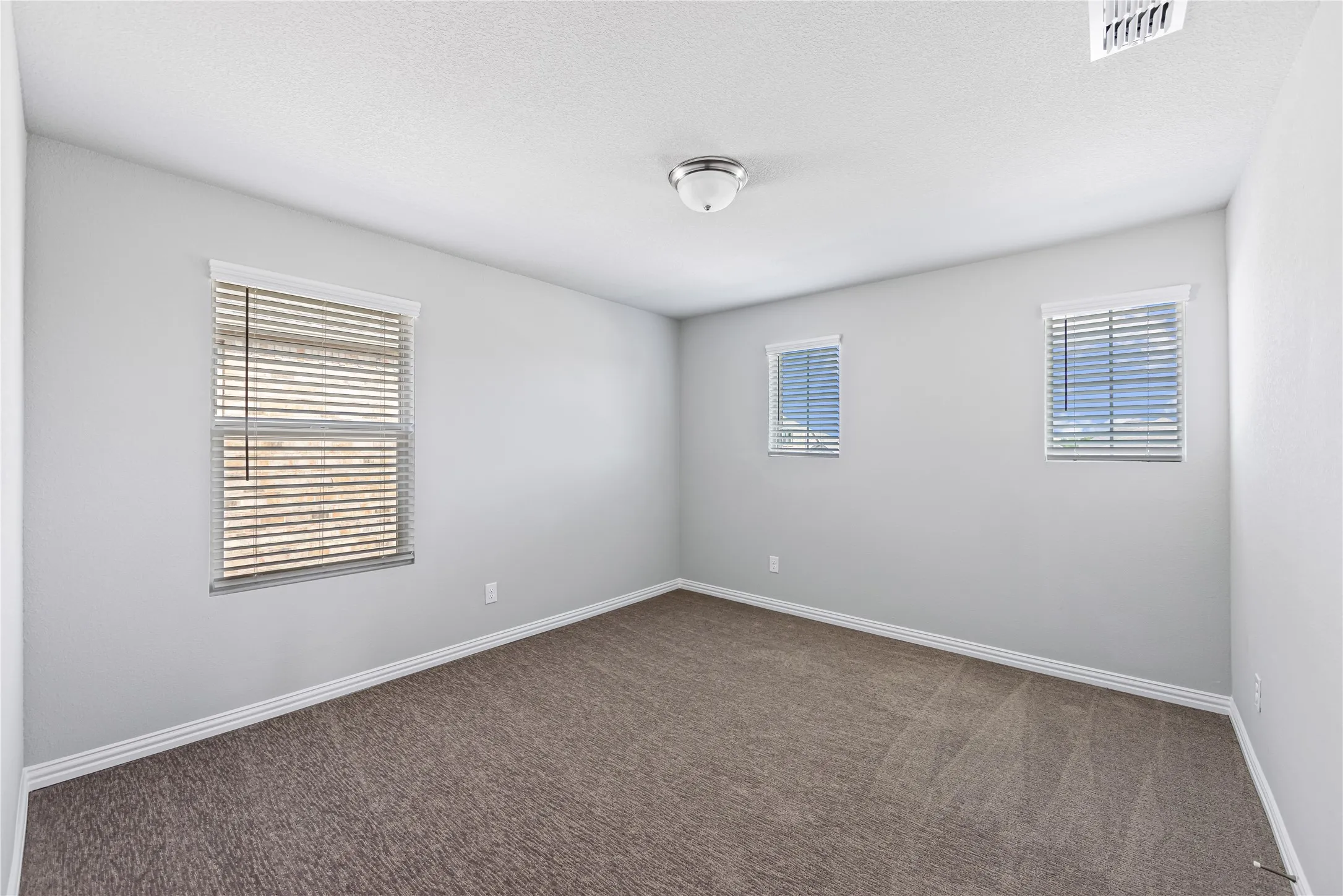 Neutral wall finishes, carpeted flooring, multiple windows with blinds, and a semi-flush mount ceiling fixture