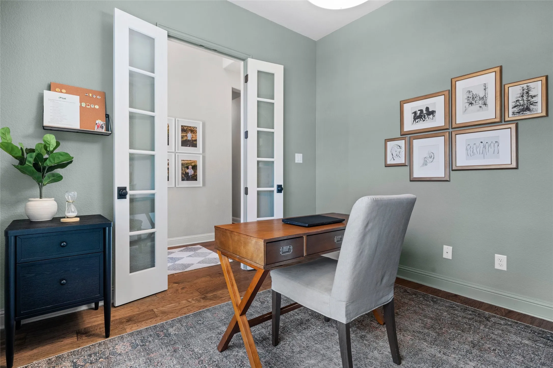 French doors with frosted glass panels, wood-finish flooring, and light green wall paint