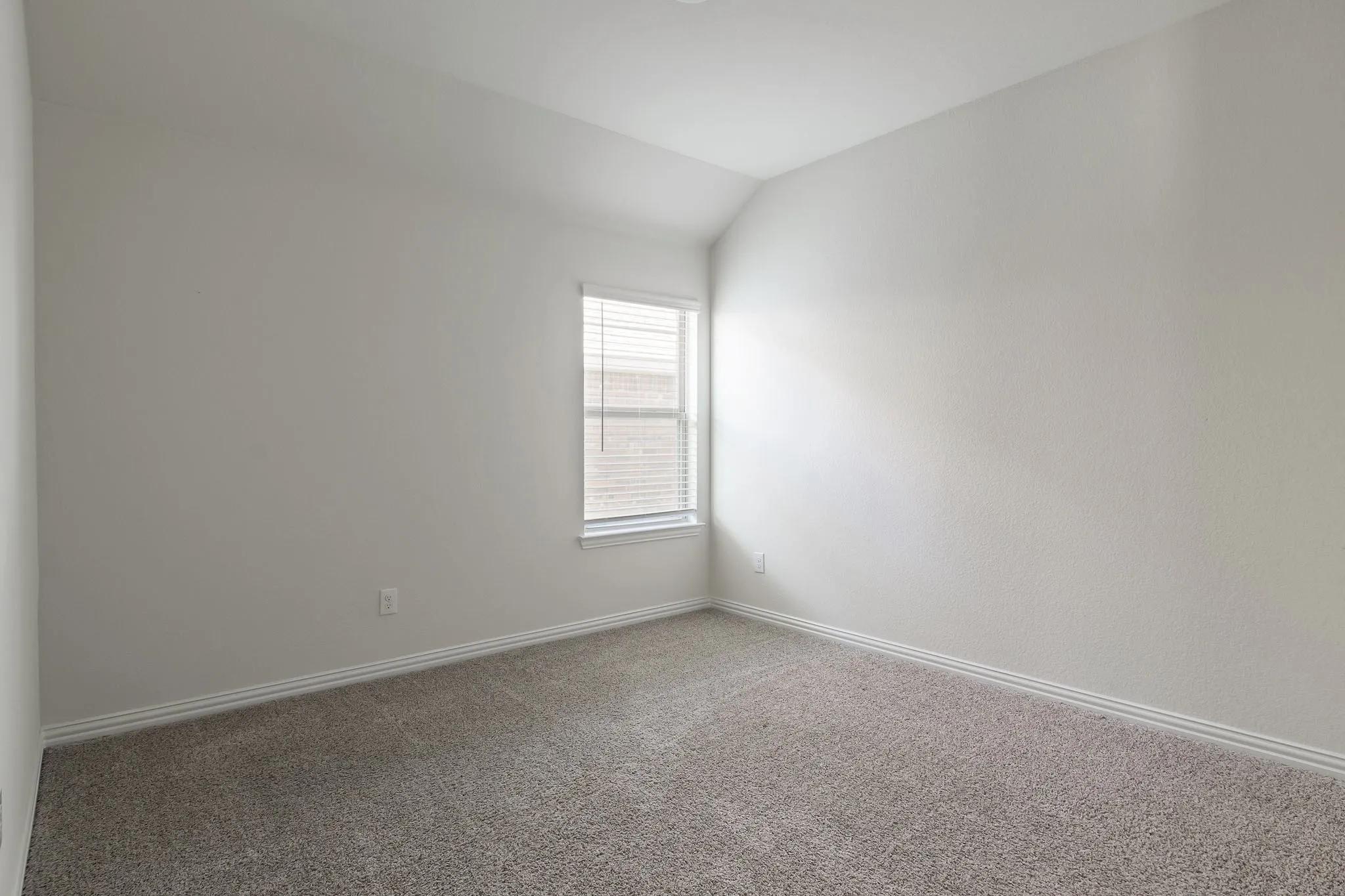 Neutral wall paint, textured carpet, window with blinds, baseboard trim
