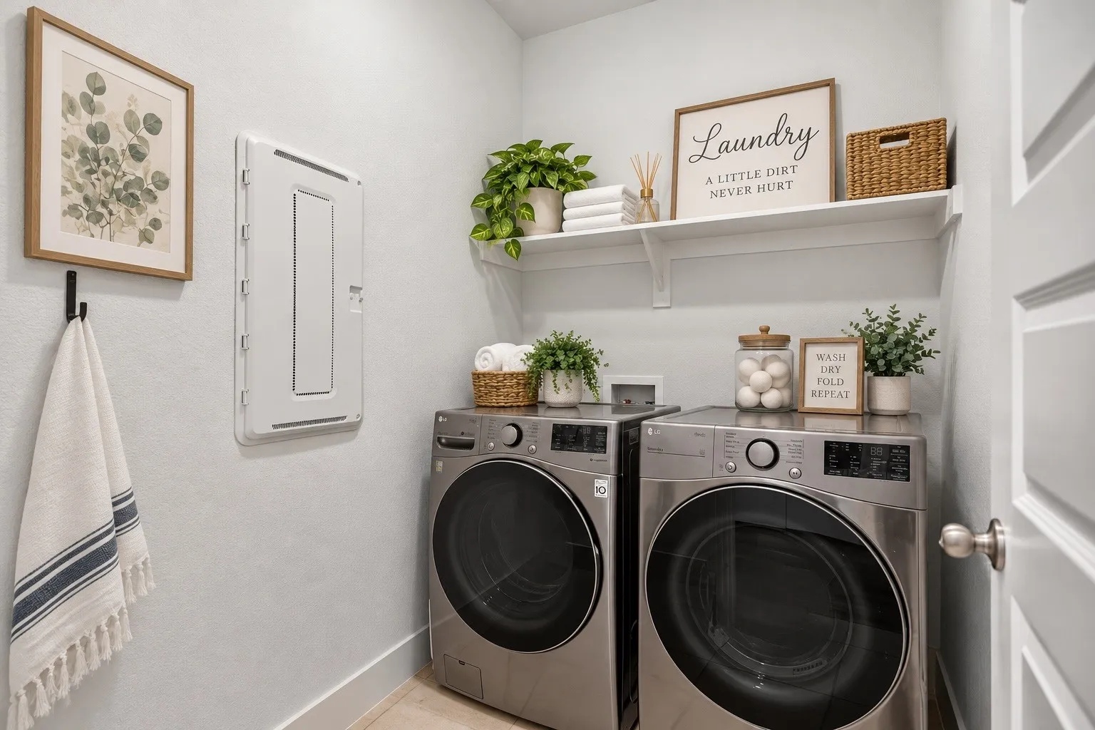 Appliance hookups, built-in shelving, and a wall-mounted utility panel
