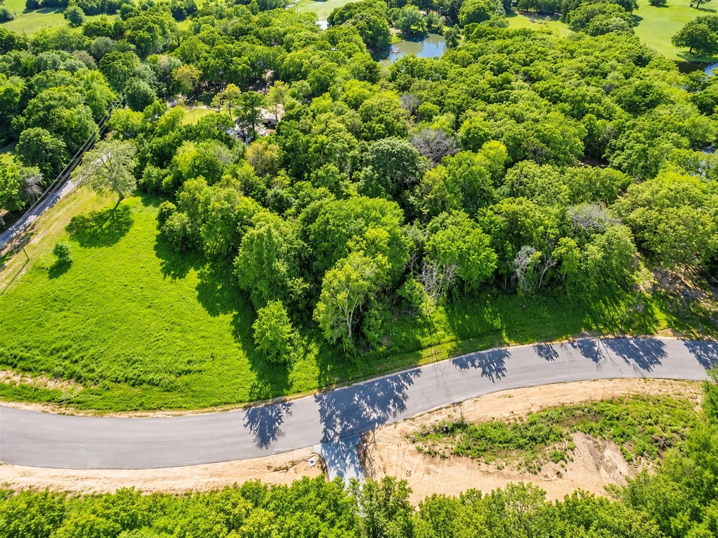 Expansive green spaces featuring mature trees, a paved roadway, and natural landscaping