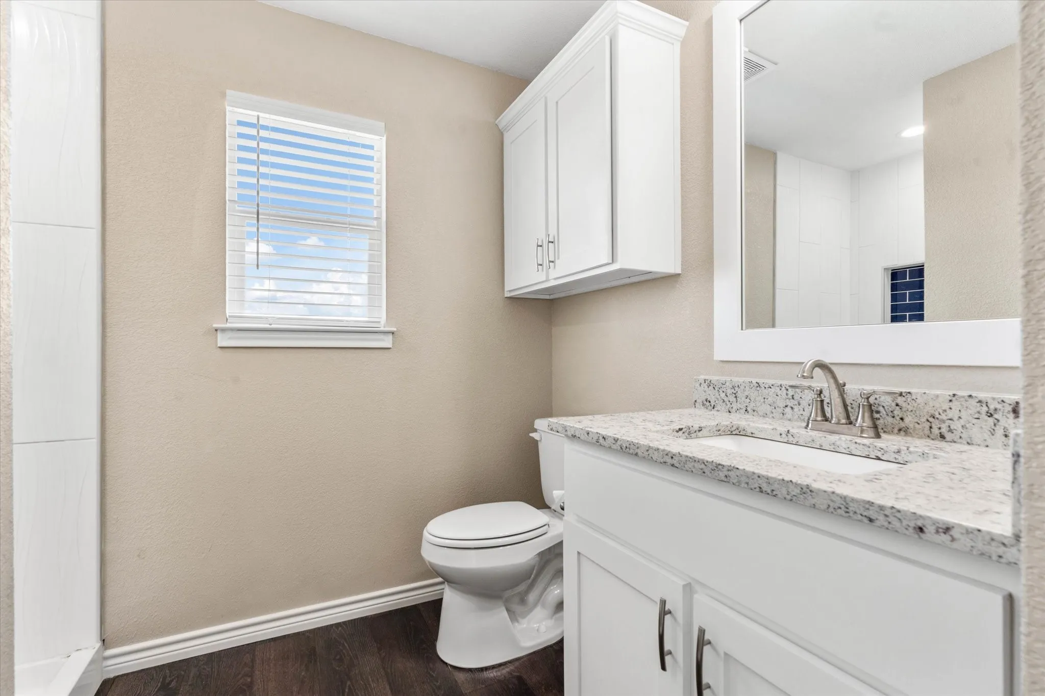 Bathroom with hardwood / wood-style flooring, toilet, and vanity