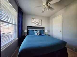 Recessed window with horizontal blinds, ceiling fan with integrated lighting, and a paneled door with dark hardware