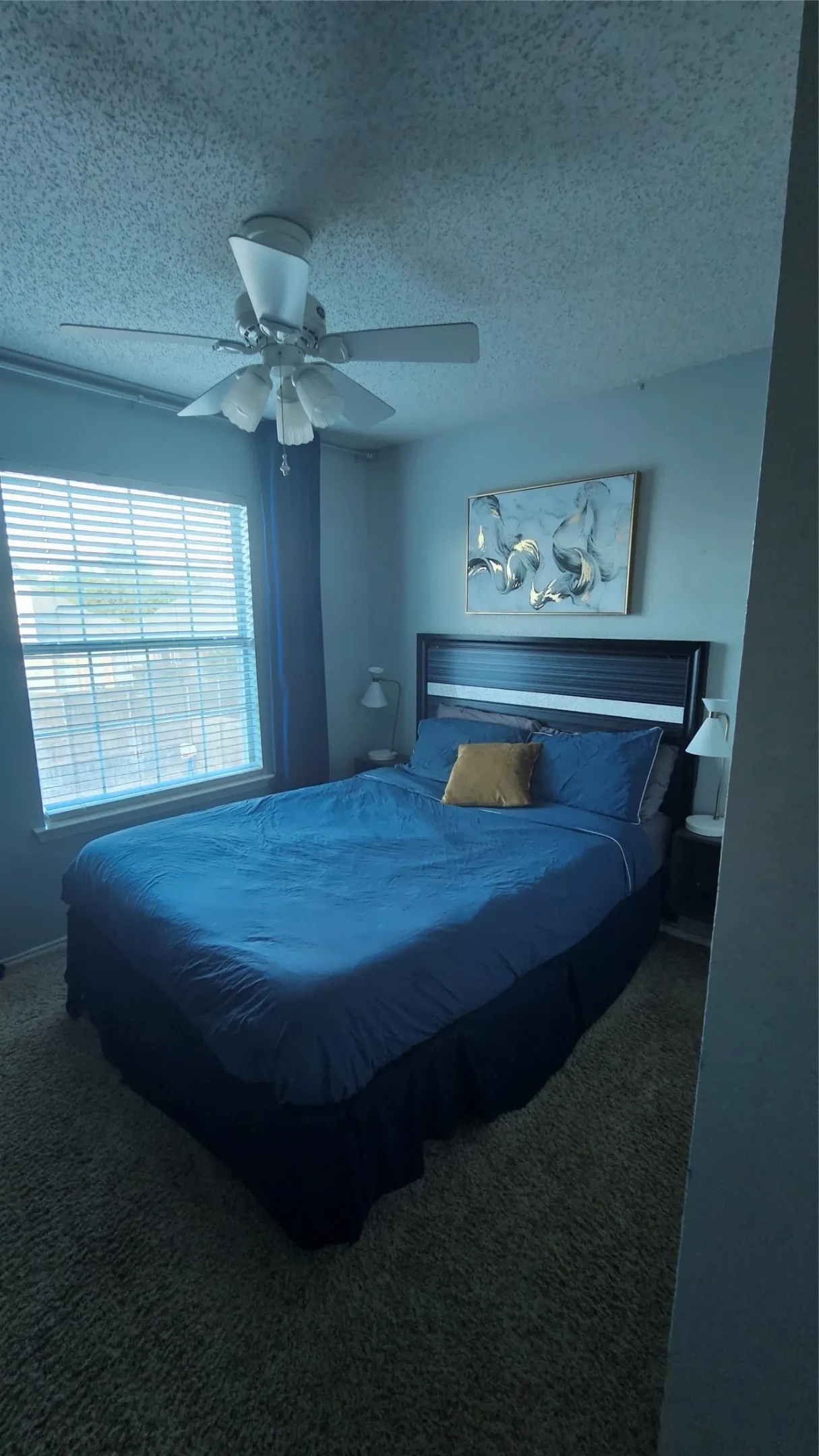 Window with blinds, ceiling fan, and carpeted flooring