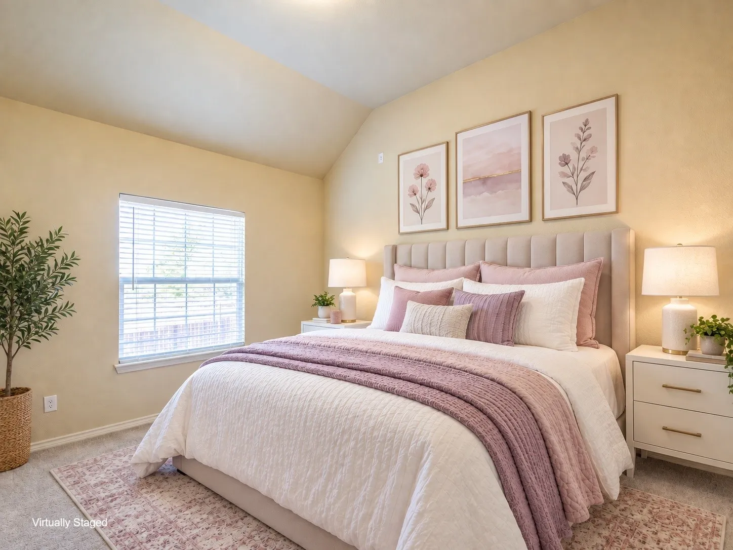 Bedroom 3 Vaulted ceiling, window with blinds, carpeted flooring, and a paneled upholstered headboard