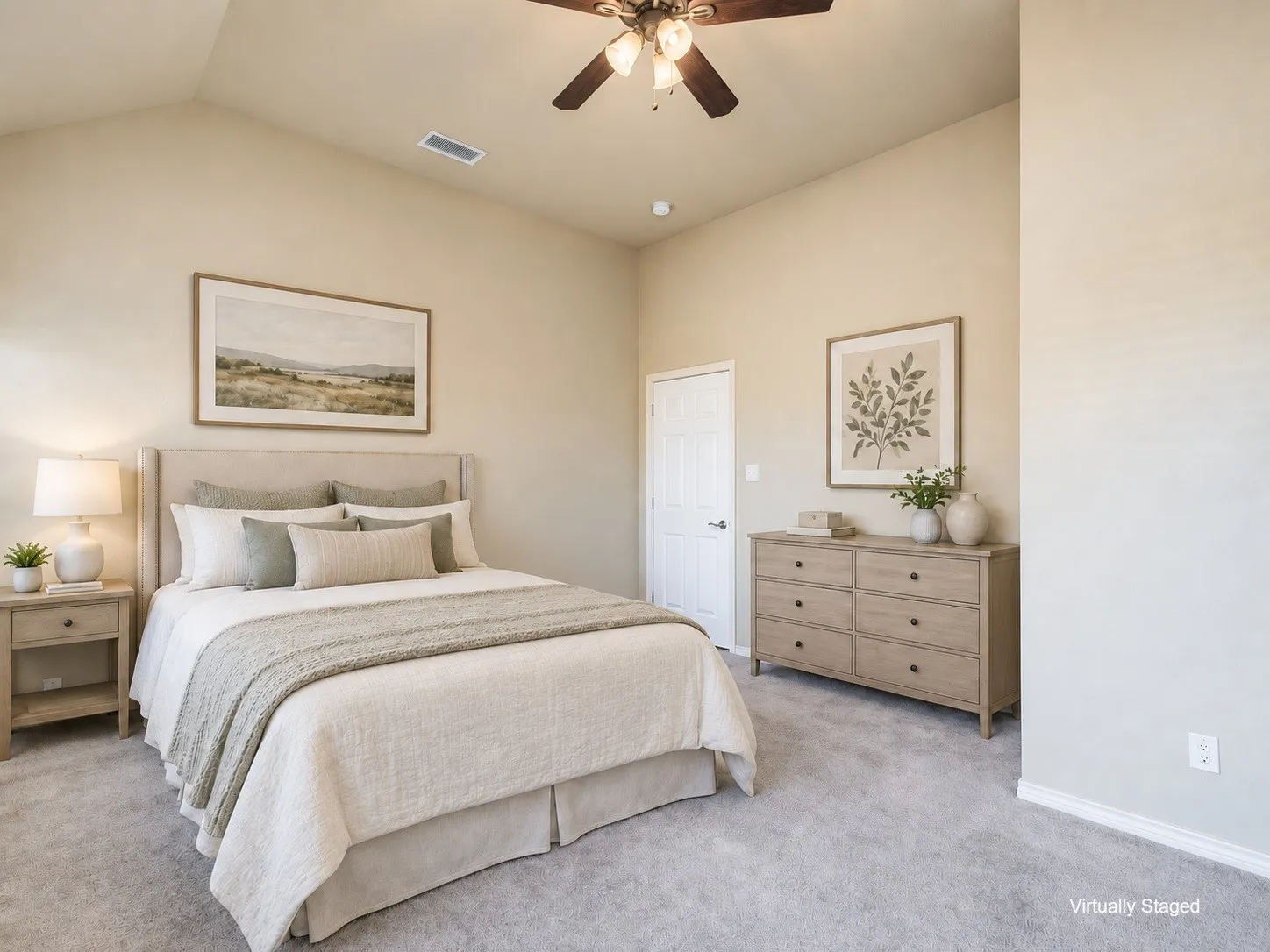 Bedroom 2 Vaulted ceiling, ceiling fan with integrated lighting, neutral wall color, plush carpeting, paneled interior door