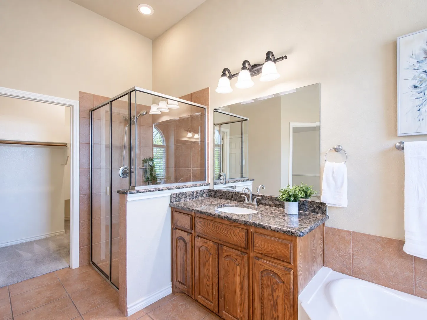 Glass-enclosed shower, wood vanity with a granite-style countertop, large vanity mirror, and a built-in tub