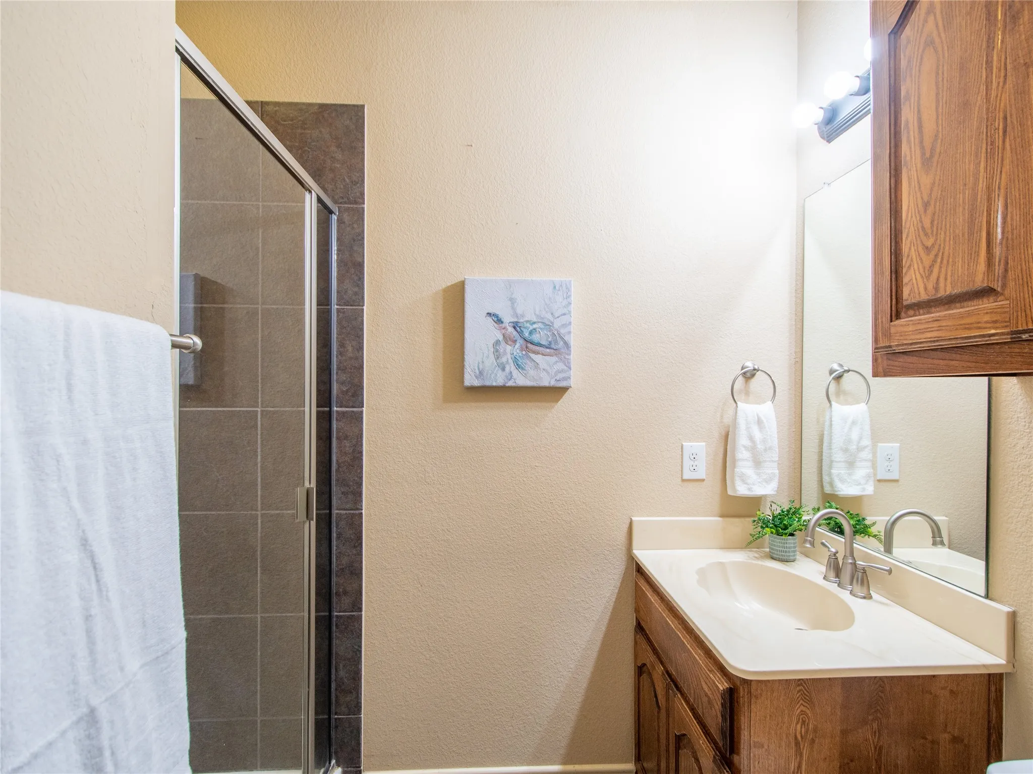Shower with glass enclosure, wood-finish vanity with integrated sink, and wall-mounted mirror
