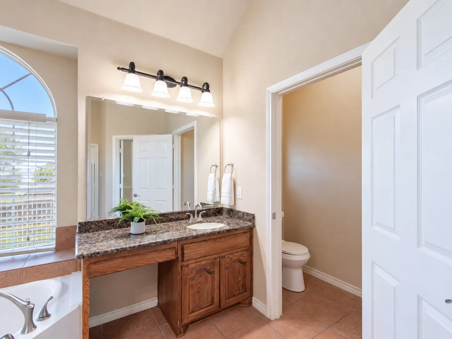 Vanity with a polished stone countertop, integrated sink, and wood-finish cabinetry