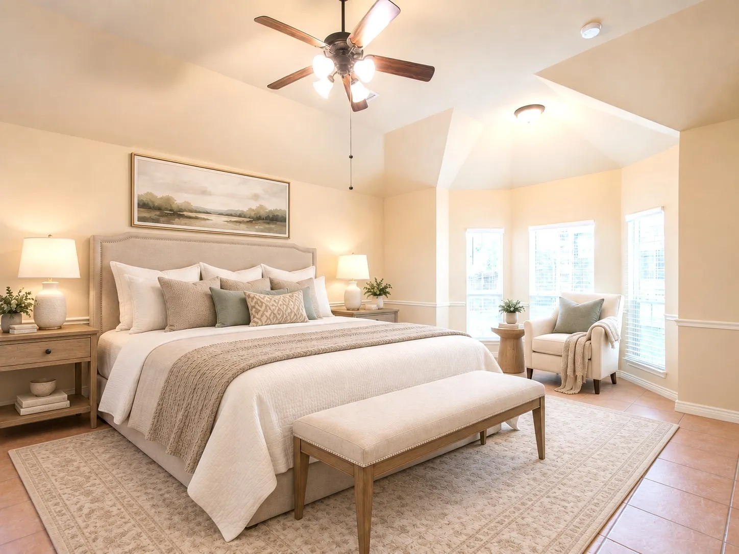 Vaulted ceiling with a ceiling fan