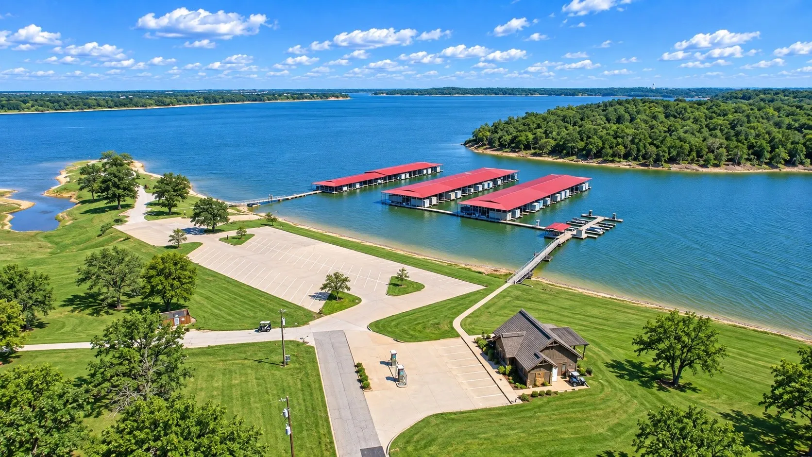 Expansive waterfront property featuring multiple boat docks, a large paved parking area, a private boat ramp, and a lakeside building with a dark shingled roof