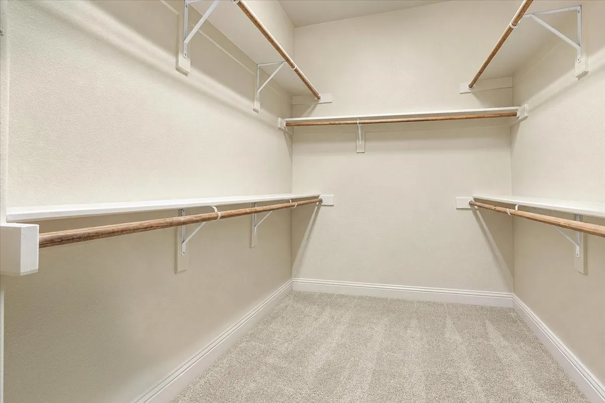 Expansive walk-in closet with carpet flooring, multiple shelving units, and clothing rods