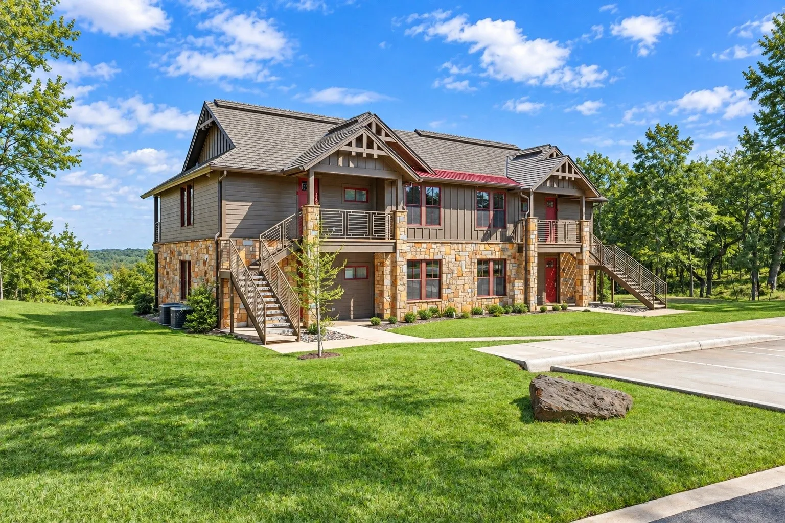 Stone and siding exterior with gabled roof lines