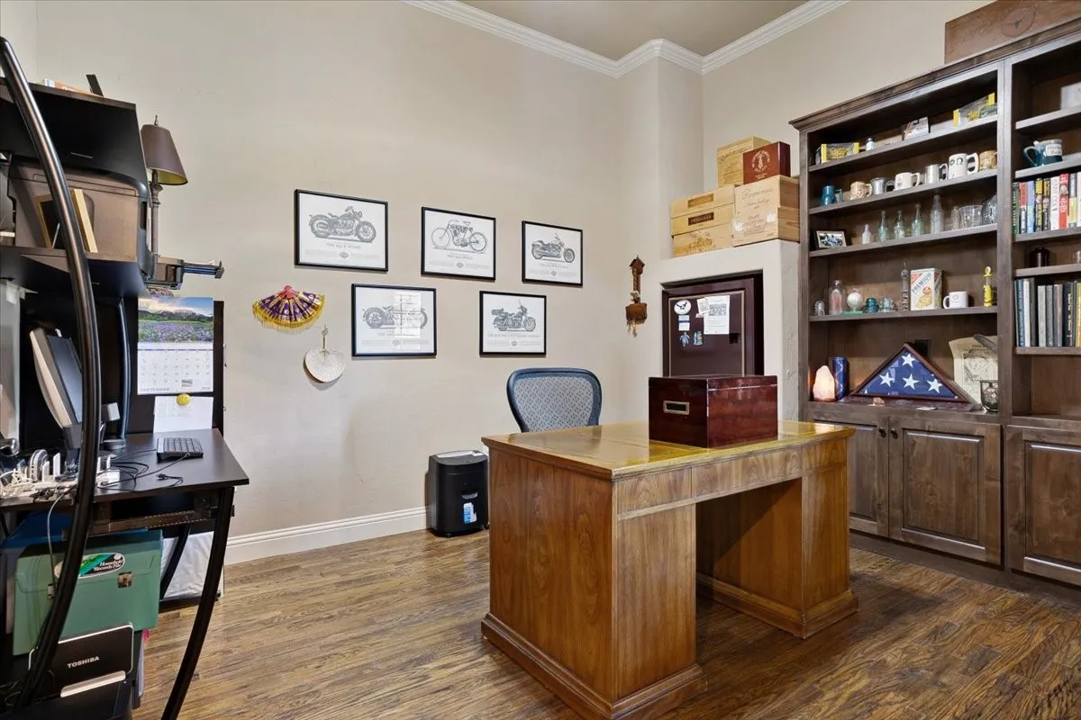 Wood-finish flooring, crown molding, built-in shelving, and a built-in cabinet