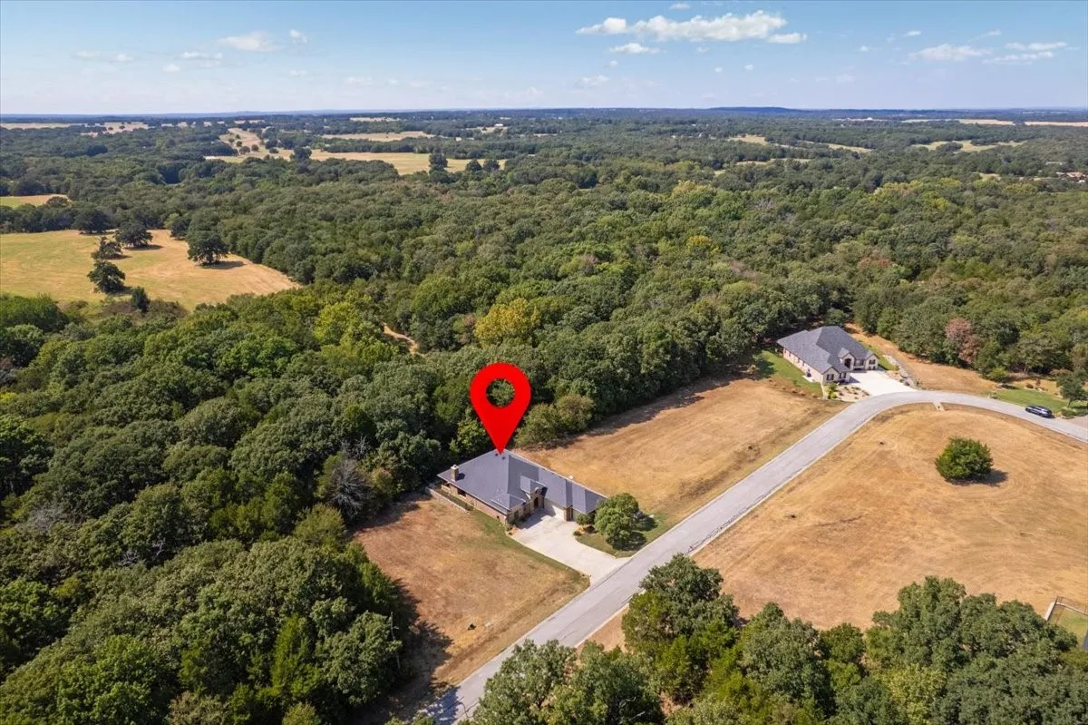 Expansive wooded surroundings with cleared land and a paved driveway
