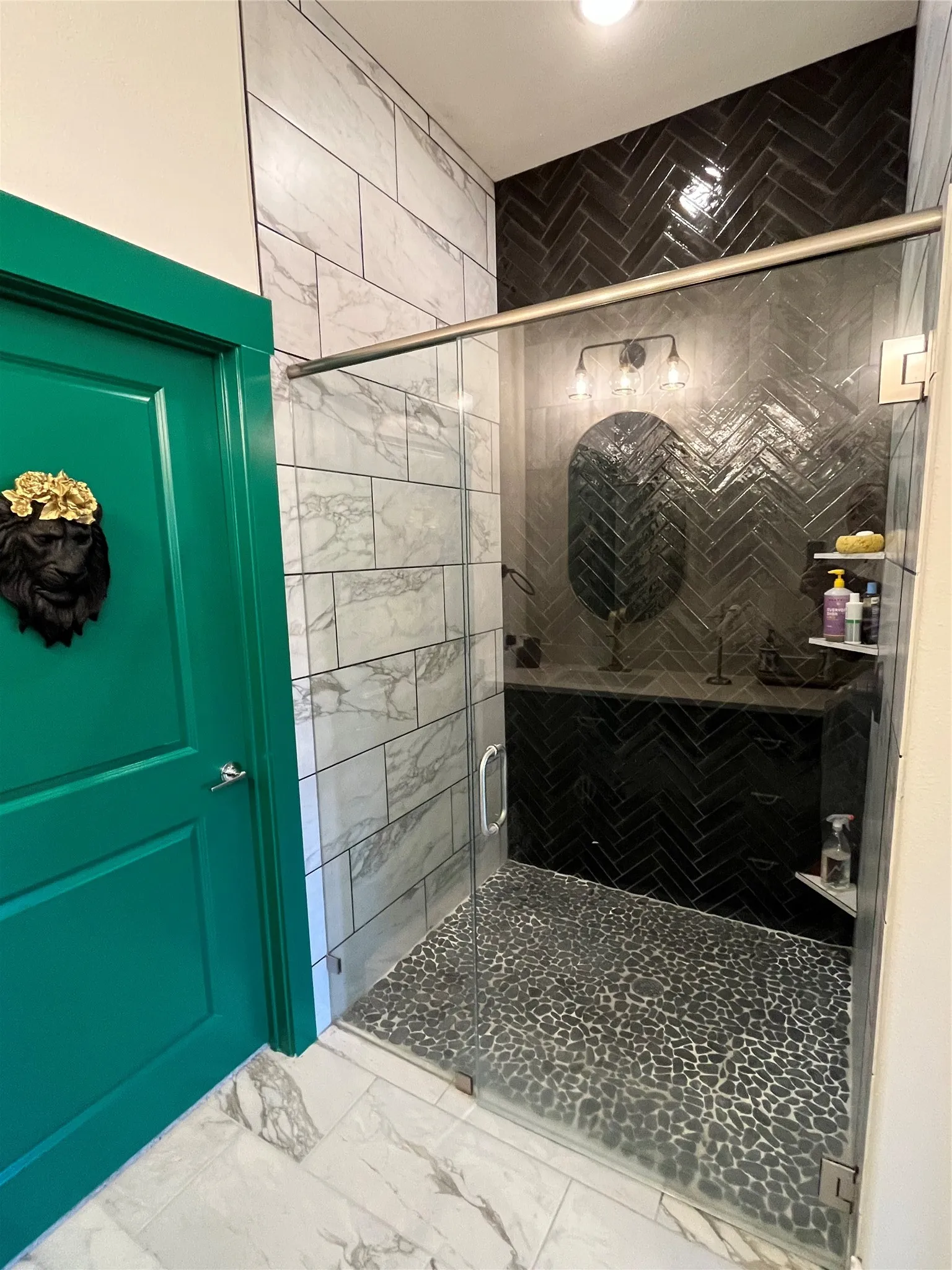 Beautiful two tone tile shower all the way to the ceiling