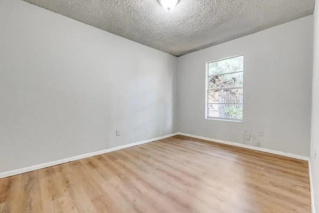 Light wood-finish flooring, neutral wall paint, and a large window