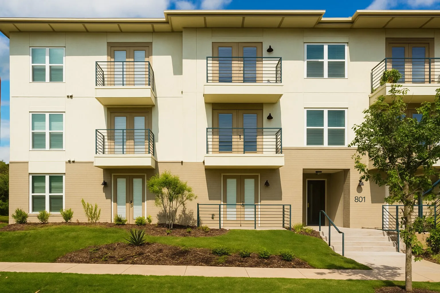 Multi-level building with individual balconies, exterior lighting fixtures, and a prominent entrance with address numbering