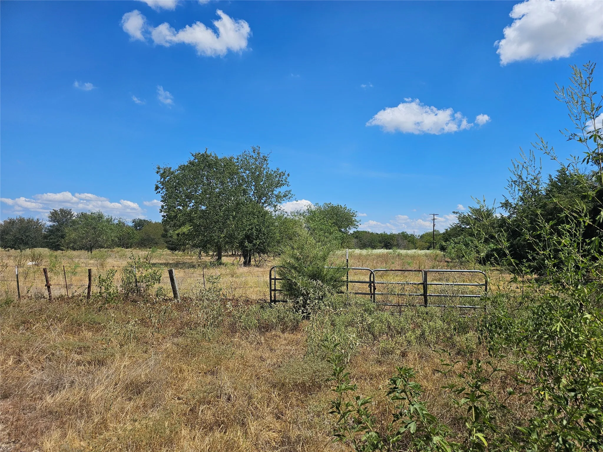 Expansive acreage with a metal gate and partial fencing
